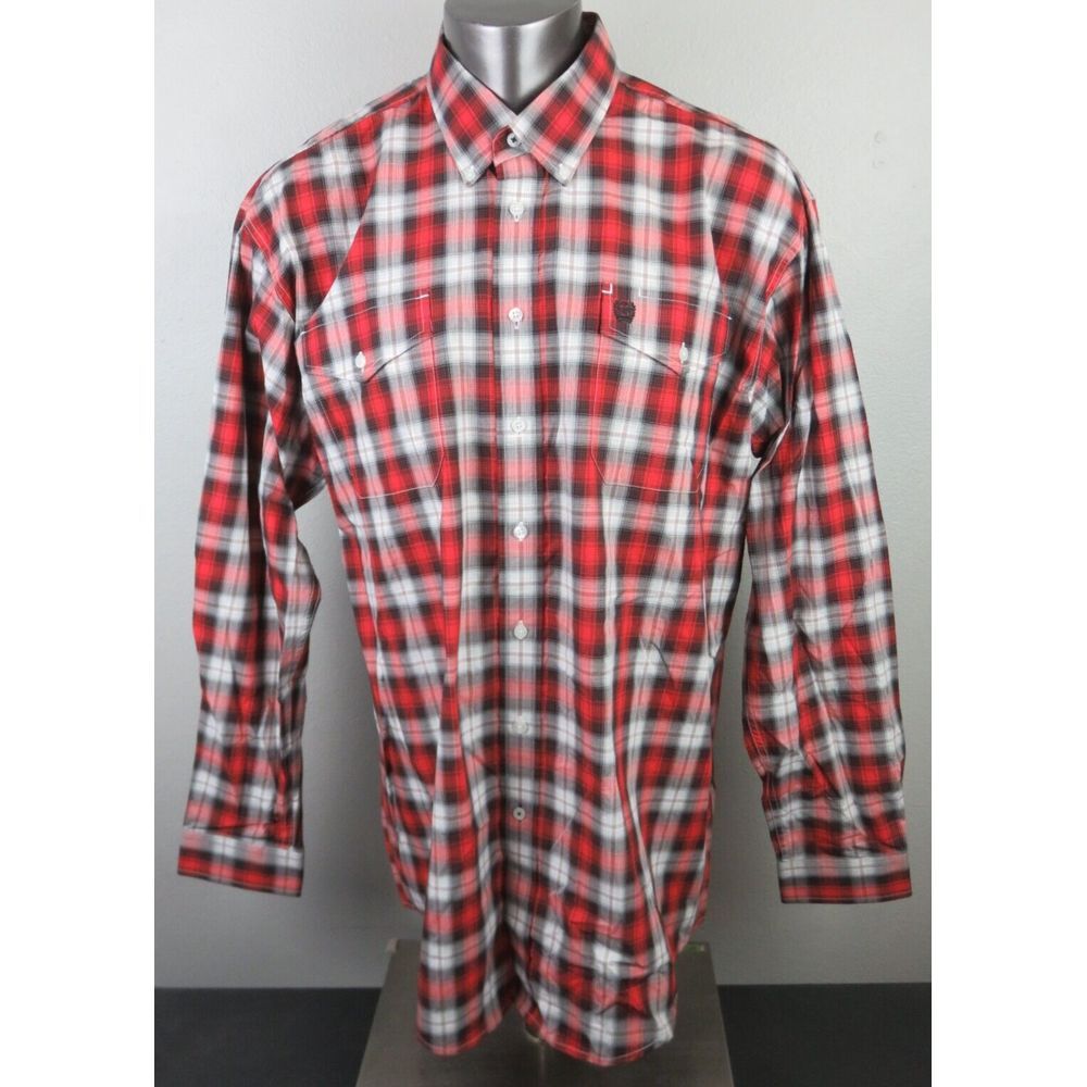 Mens Cinch Western Long Sleeve Button Front Shirt‎ Size XL Red Gray Plaid